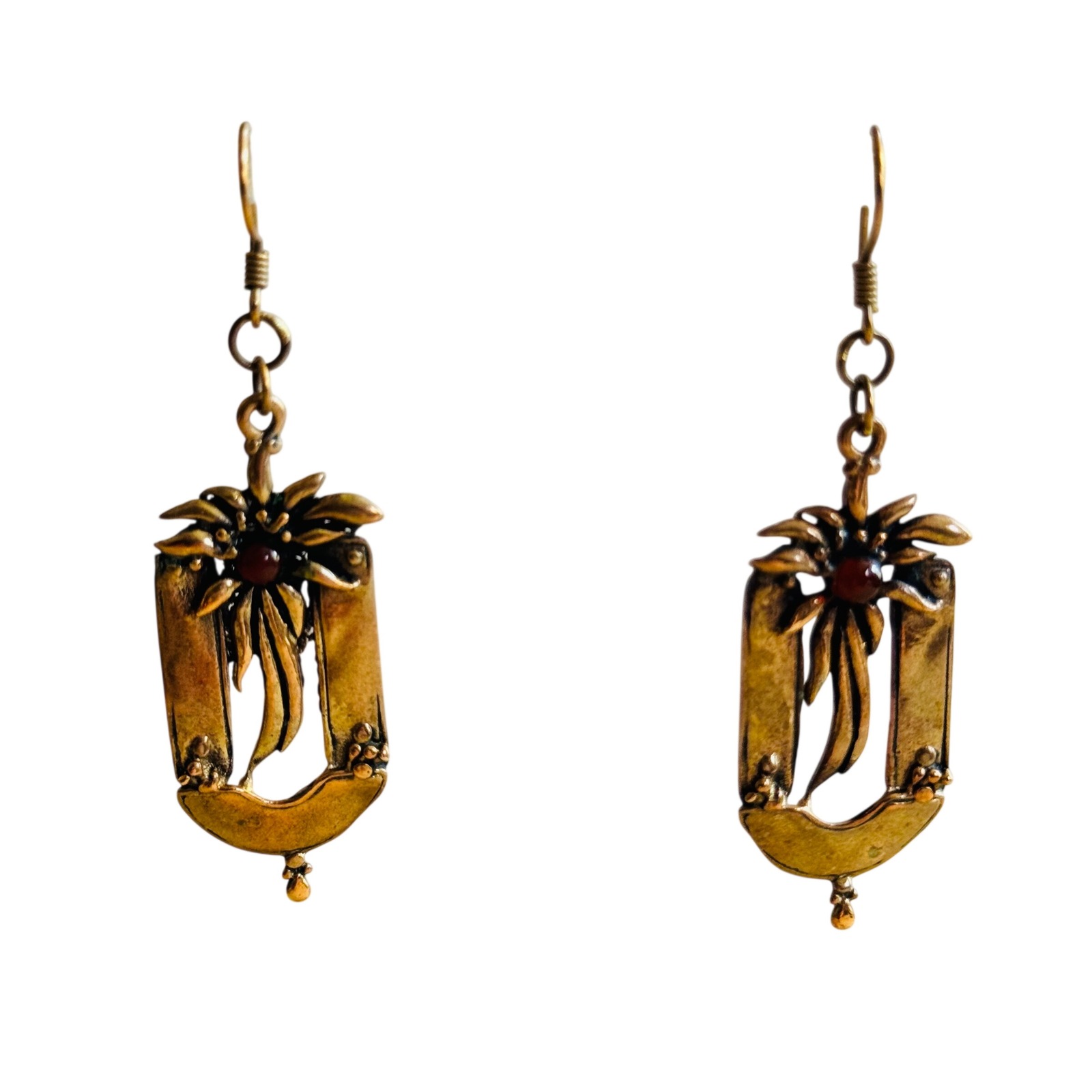 Flower Cabochon Bronze Earrings Dangle Pierced Victorian Style Secret Garden 90s